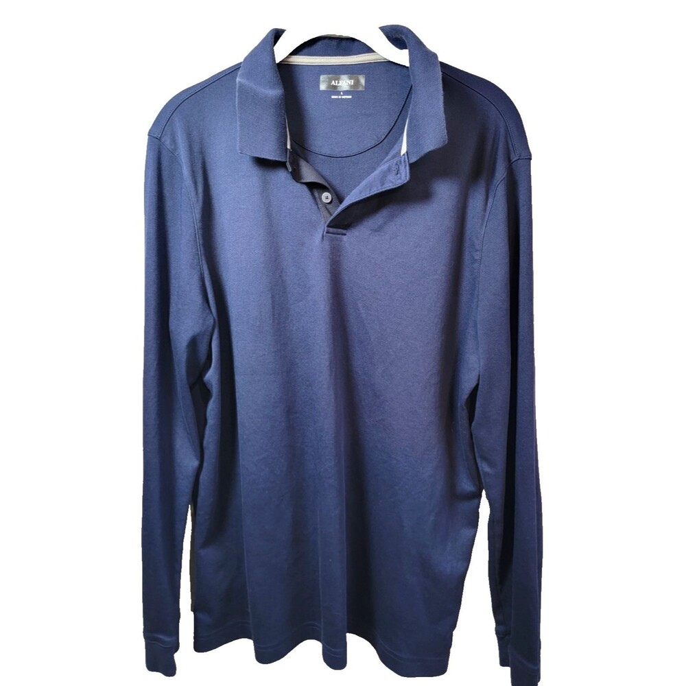 Alfani Men’s Long Sleeve Polo Shirt Blue Large Supima Cotton Blend Casual